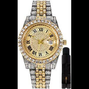 Hip Hop Watches for Men Iced-Out Bling Diamond Luxury Quartz Watches with Date